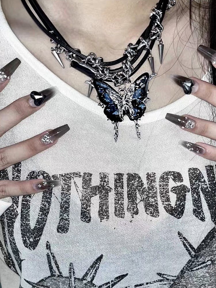 Rose Red/Dark Blue Butterfly Pendant Y2K Choker