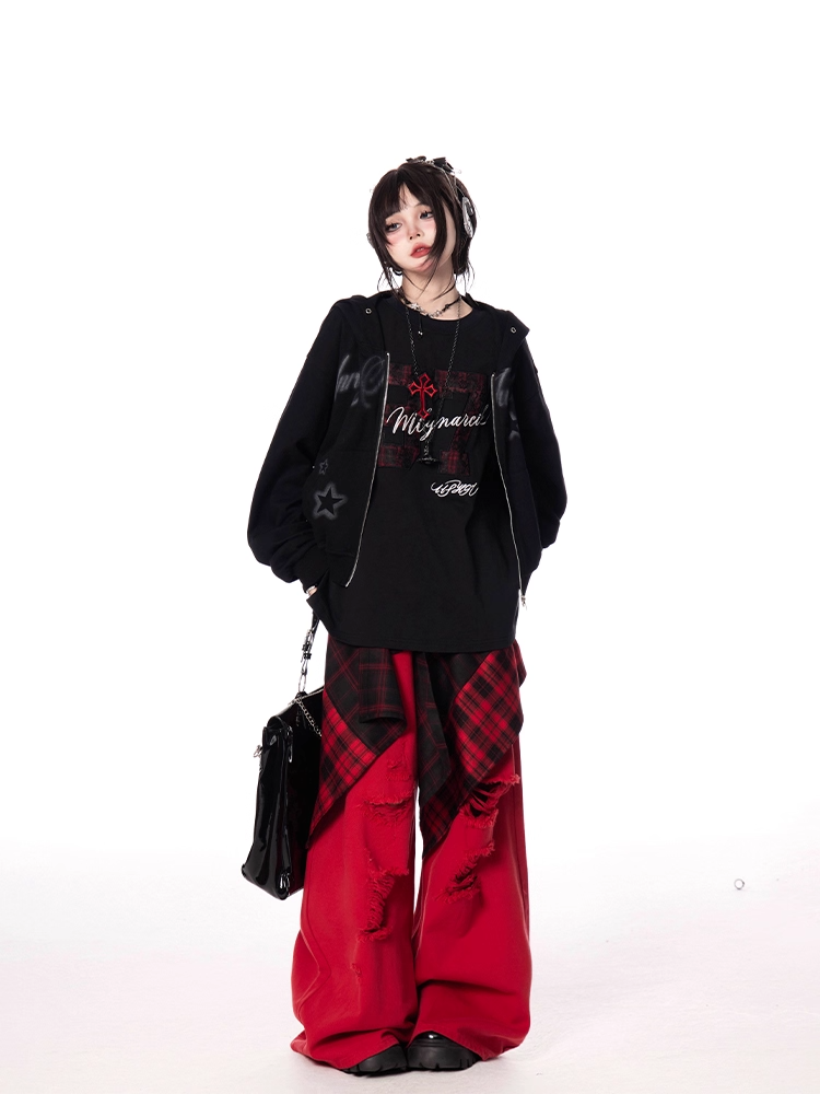 Letter and Number Print Black Round Neck Oversize T-shirt