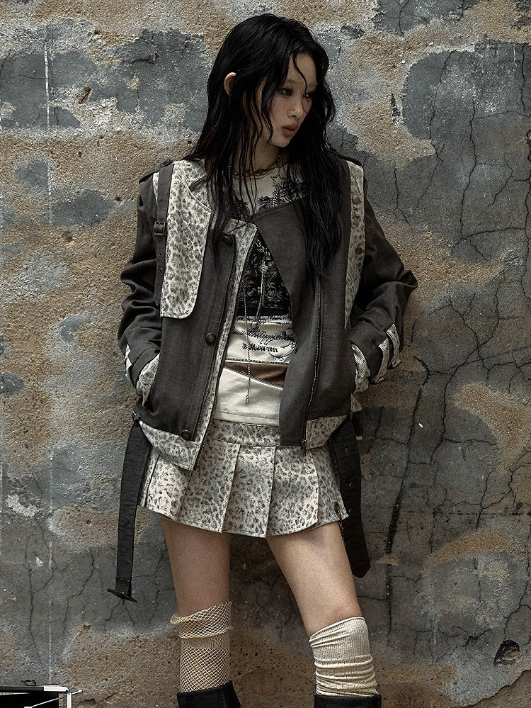 Brown and Gray Punk Streetwear Leopard Jacket with Detachable Sleeves