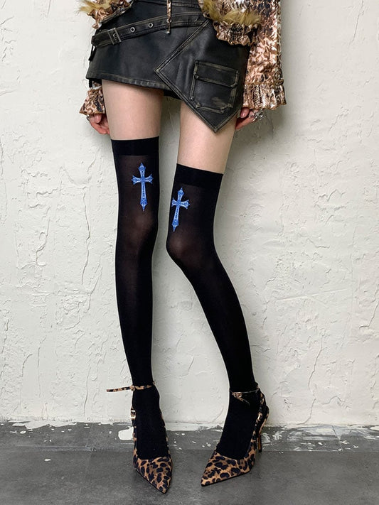 Black/White Y2K Cross Print Overknee Stockings