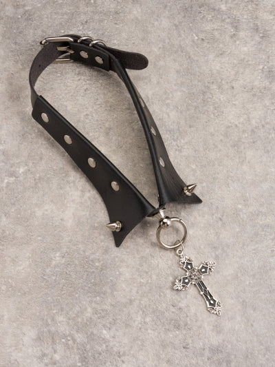 Cross Pendant Y2K Studs Black Gothic PU Choker