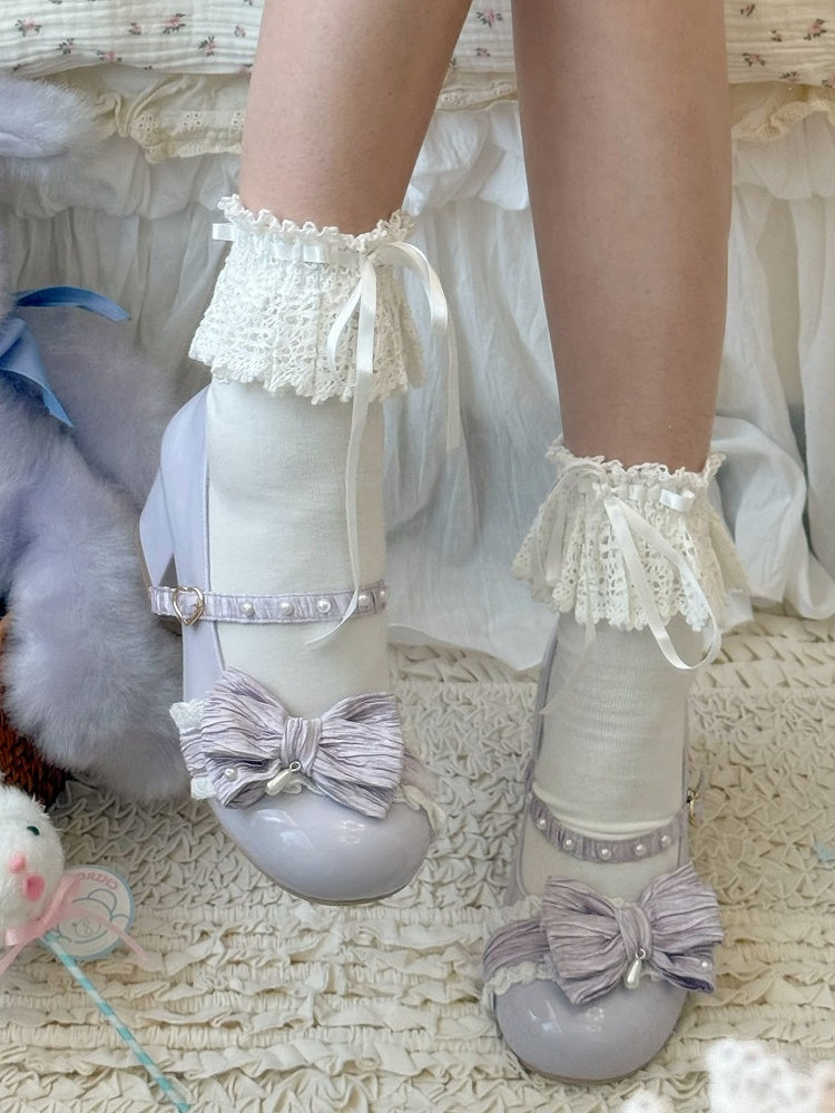 Purple Beaded Decorated Bow at Top 2.5CM/5CM Block Heels Round Toe Shoes