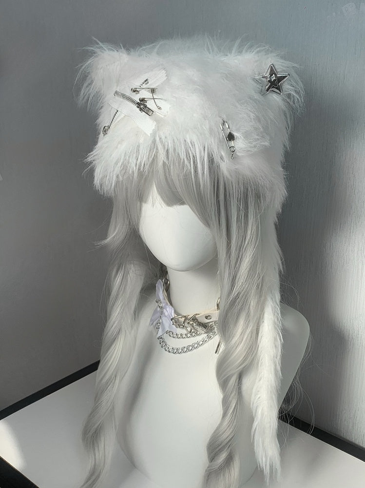 Black/White Pins and Zippers Accents Cat Ear Plush Hat