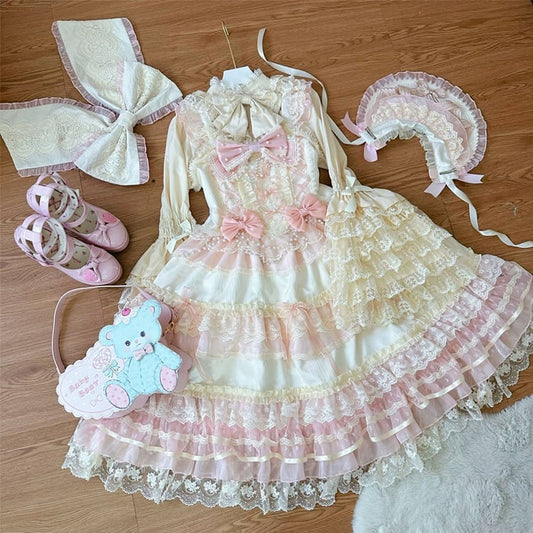 Apricot Bead Chain Bows Decorated Hanayome Lolita Princess Dress