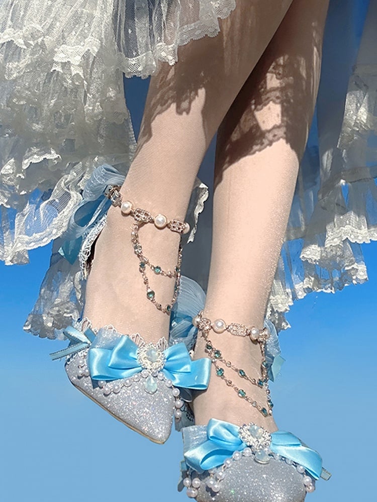 Blue Glittering Bow Accent Pointed Toe 5CM/8CM Hime Lolita Heels