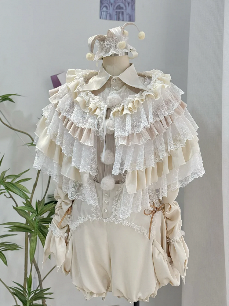 Circus Clown Vibes Ouji Lolita Outfit - Apricot Pointed Collar Shirt + Bloomer Shorts + Garters