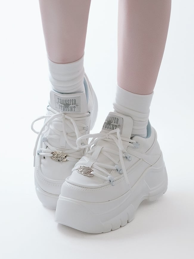 PU Leather with Classic Lacing System Matte White Platform Sneakers in Jirai Kei