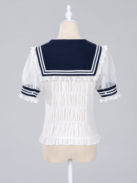 Jirai Kei Summer Sailor Collar Short Sleeves Blouse with Red Bowtie Snow White Vibes