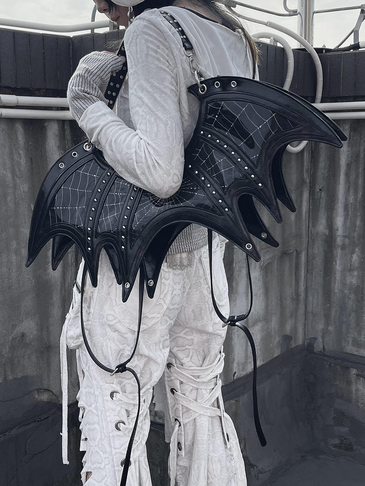 Gothic Spiderweb Print Black Studs Bat Tote Bag with Three Straps