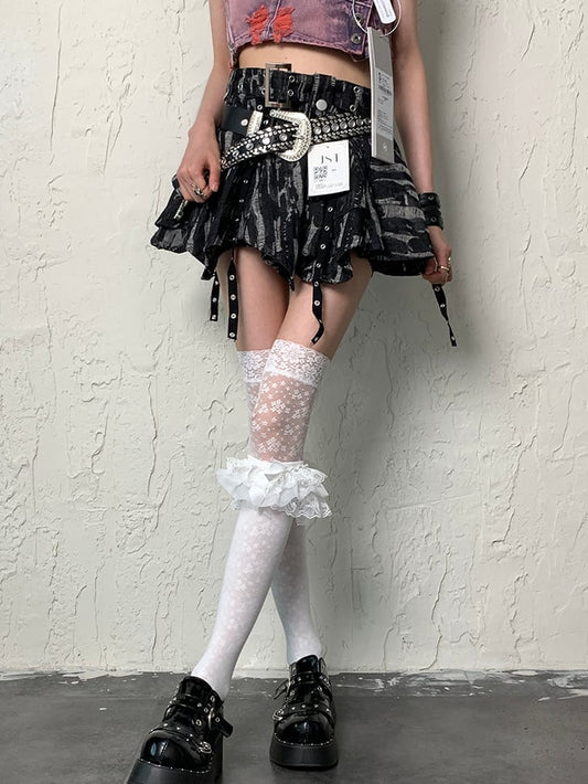 White Y2K Bittersweet Floral Pattern Lace Trim Overknee Stockings