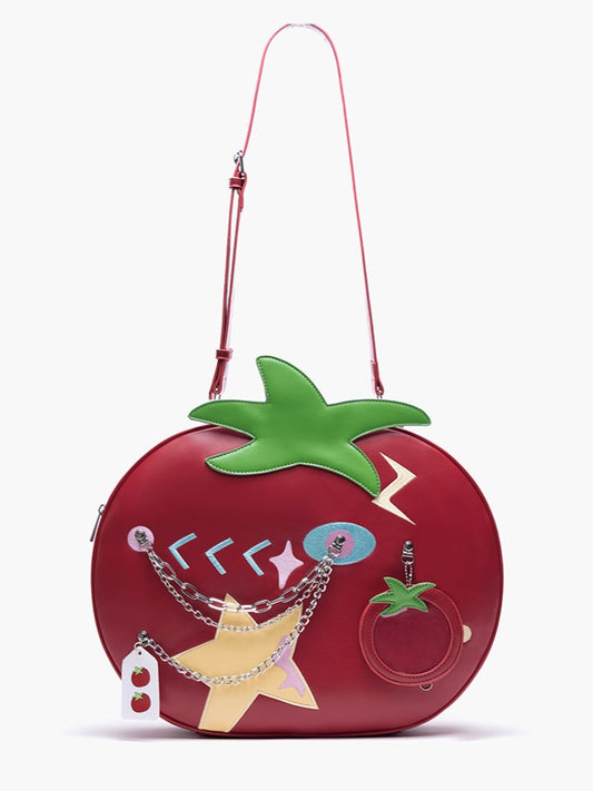 2-Way Red Juicy Tomato Backpack With Star Patches And Chain Accents