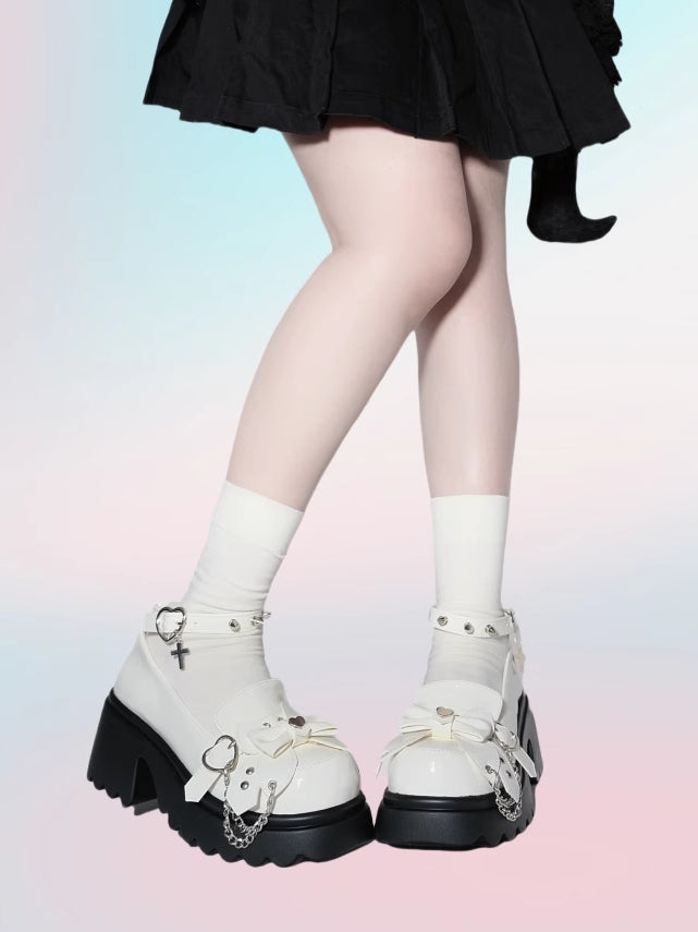 White Punk Bowknot Decorated Butterfly Heart Buckles Studs Details Platforms