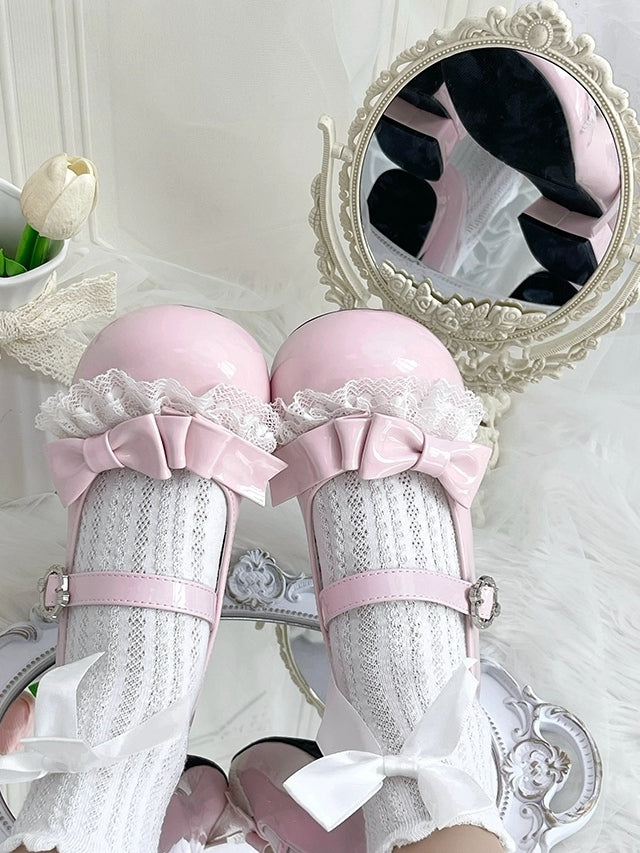 Light Pink Sweet Lolita Low-heel Mary Janes - Round Toe Design with Lace Trim & Bow Embellishments