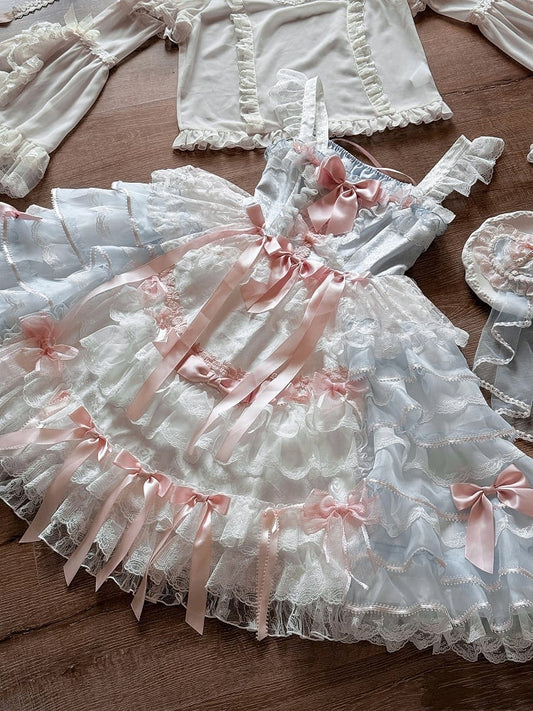 Blue and Pink Bow Accents Tiered Skirt Hanayome Hime Lolita Jumper Skirt