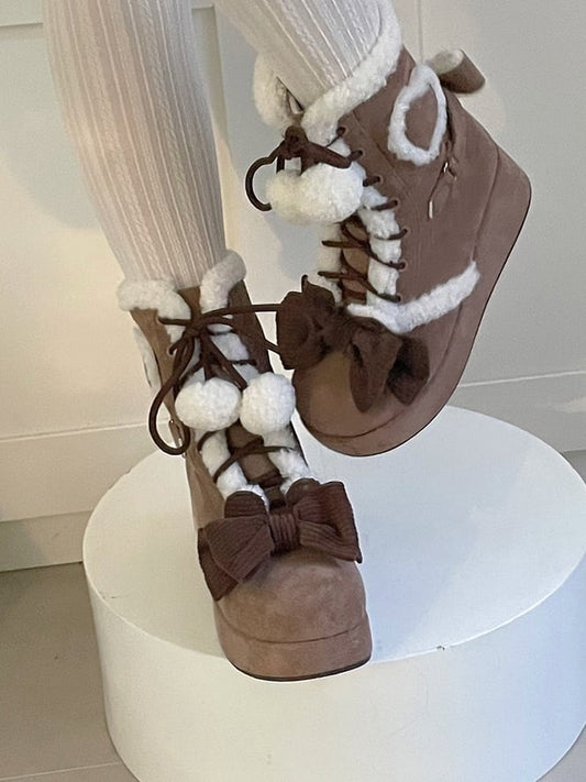 Brown Sweet Lolita Platform Snow Boots - 6cm/8.5cm Sole Options with Heart Patches & Pompom Charm Laces