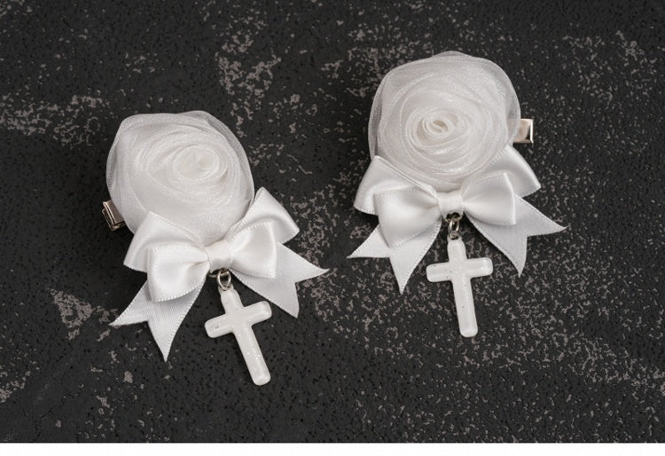 Handmade Rosette Design Gothic White Bowknot Hairclips with Crosses