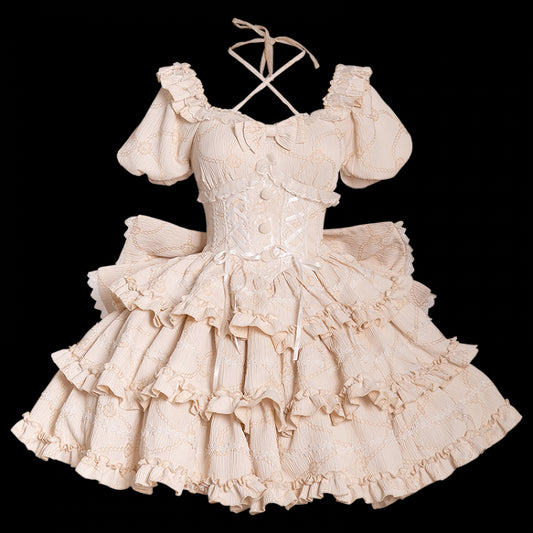 Champagne Princess Corset Waist Dress Ruffle Skirt Lolita OP with Big Bow at Back