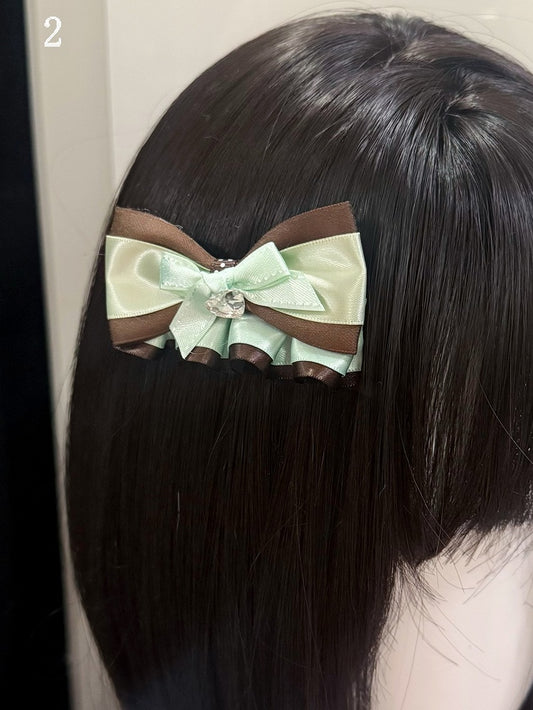 2 Options Green&Brown Rhinestone Heart Decorated Ruffled Bowknot Hairclip