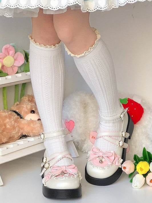 White & Pink Bow at Top Crisscross Buckle Straps Sweet Lolita Platform Mary Janes