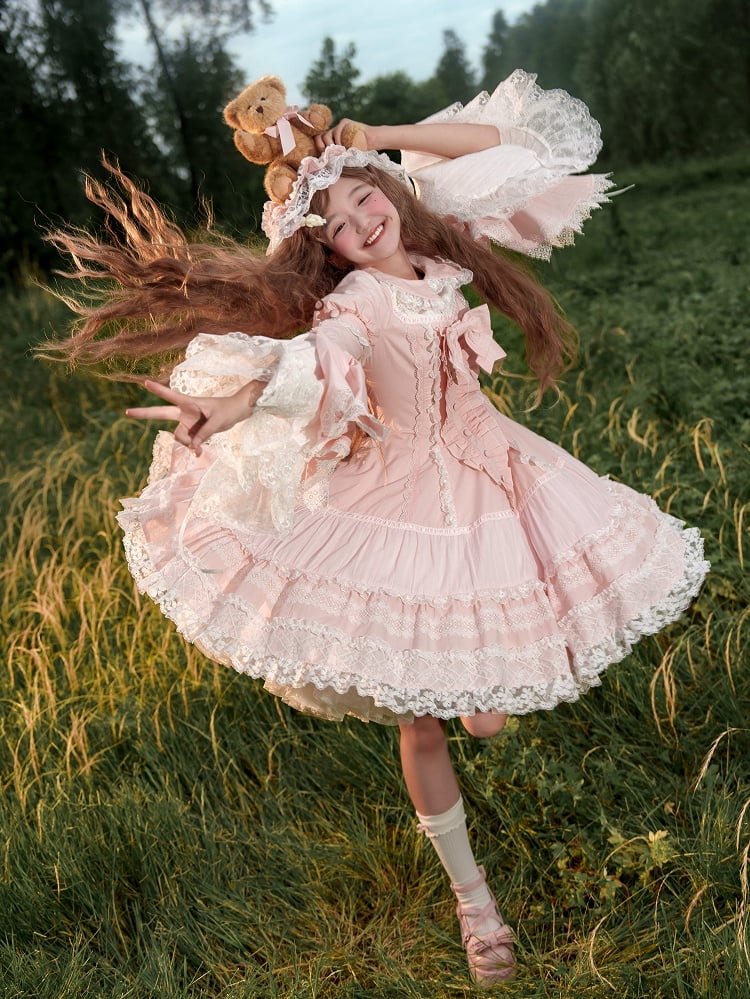 Baby Pink Old School Lolita Lace Trims Short Sleeves Cotton Dress