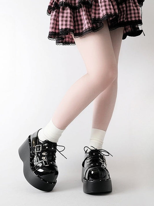 Black Y2K Bittersweet Studs Details Chain Charm Front Lace-up Ties Platforms