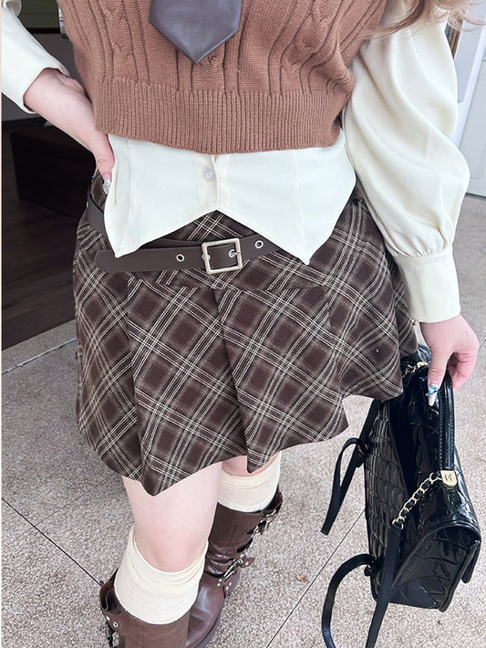 Plus Size White Preppy Shirt / Brown Plaid Pleated Skirt