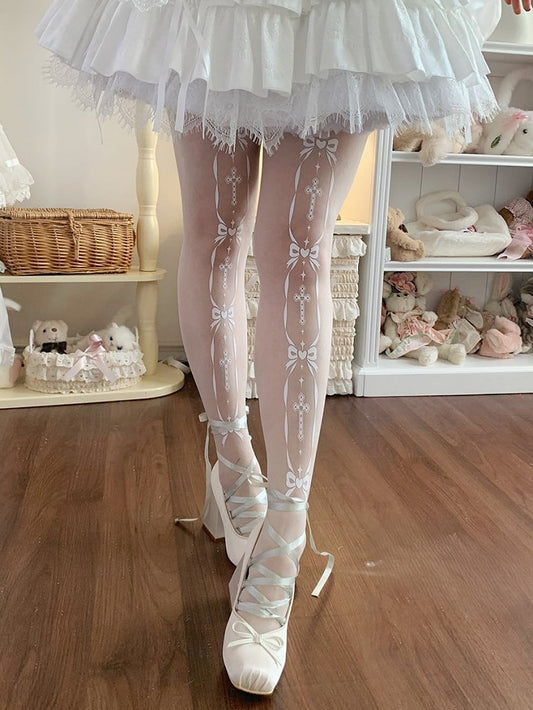 White Cross and Bowknot Print Sweet Lolita Tights