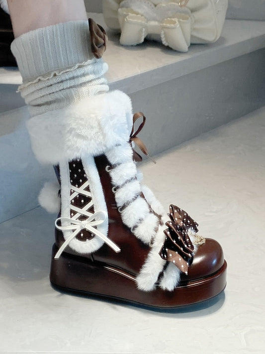 Dot Pattern Top Bow with Plush Rabbit Ears & Tail Decor Chocolate Brown Platform Boots in Sweet Lolita