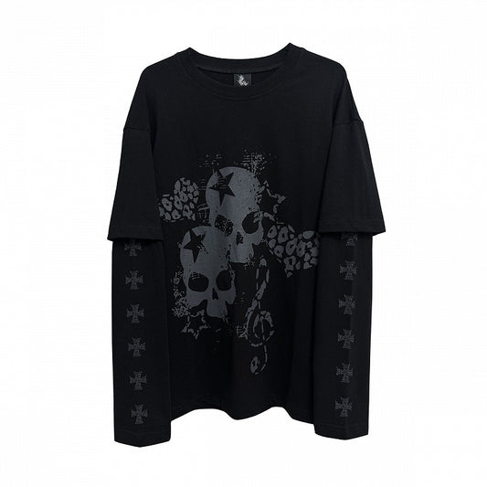 Black Faux Two-Pieces Top with White Skeleton and Cross Print