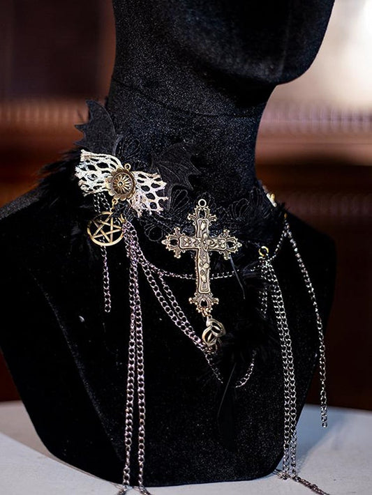 Bat Wing and Cross Tassel Gothic Halloween Choker
