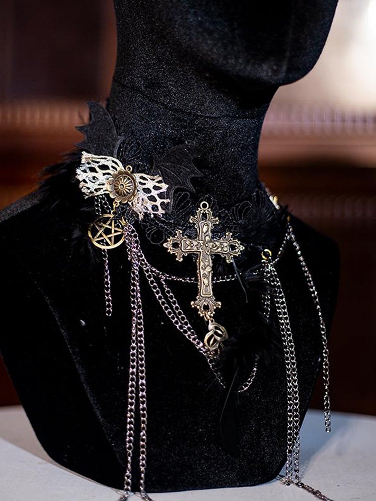 Bat Wing and Cross Tassel Gothic Halloween Choker