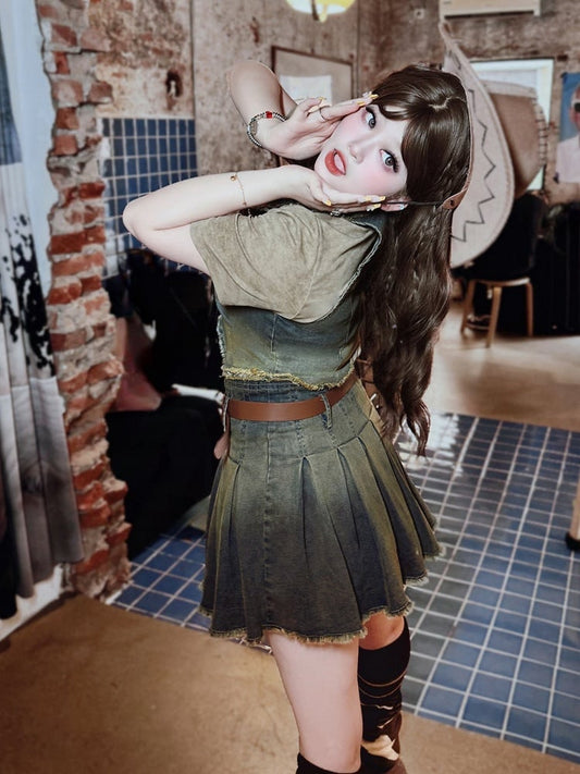 Plus Size Y2K Faded Wash Blue Denim Vest