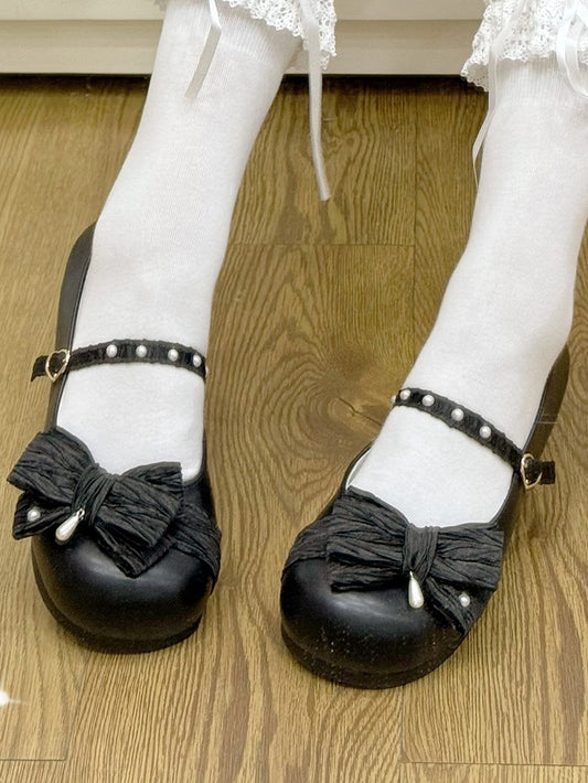 Matte Black Beaded Decorated Bow at Top Heart Buckle Round Toe Lolita Shoes