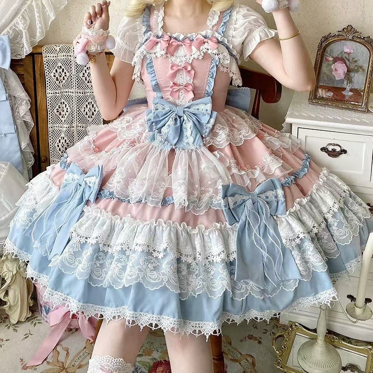 Blue and Pink Princess Dress Detachable Bows and Bead Details Sweet Lolita Dress