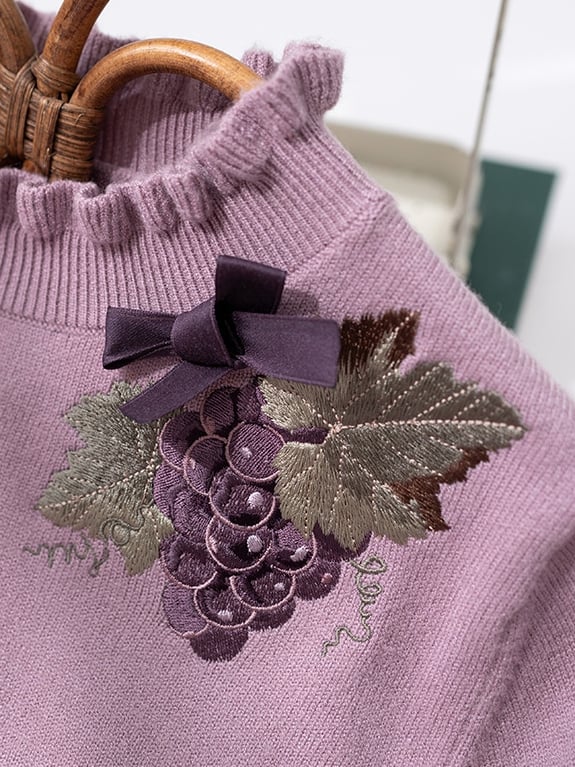 Grape Embroidery Neckline Lace-up Cuffs Purple Autumn Knit Top