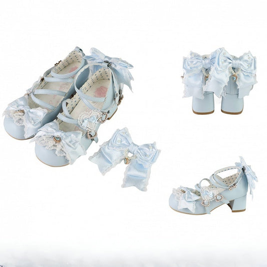 Blue Sweet Lolita Bowknot Details Crisscross Design Heart Buckle Straps 5CM Block Heels Shoes