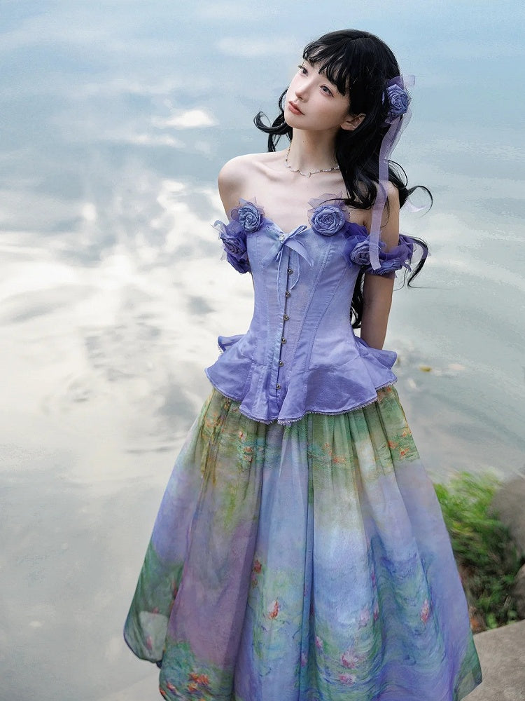 Purple Flounce Hem Boned Corset Top with Detachable Floral Adornments