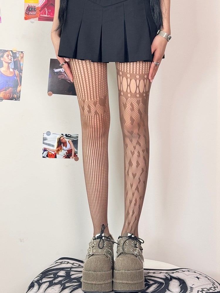 Black/White/Gray/Brown Asymmetrical Design Cut-out Details Tights