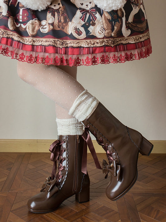 Brown Mid-calf Boots for Lolita - Mid-heel with Removable Bow & Interchangeable Plush Cuff