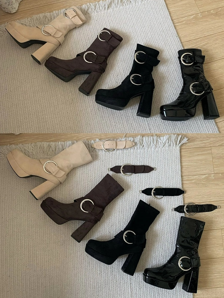 Khaki Lolita Platform Mid-calf Boots - Square Toe High Block Heel with Buckle Accents & Inner Zip