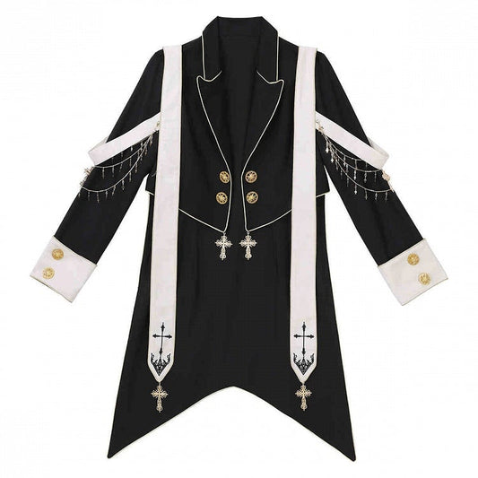 Clearance-Size L for Bust 98CM Black Ouji Lolita Cross Chains and Charms Decorated Stole Swallow Tail Blazer Coat