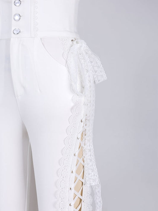 White Boned High Waist Side-Tie Lace Flare Pants