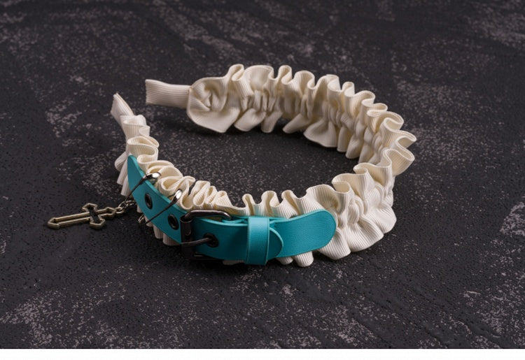 Side Blue PU Buckle White Cross and Pins Ruffled KC