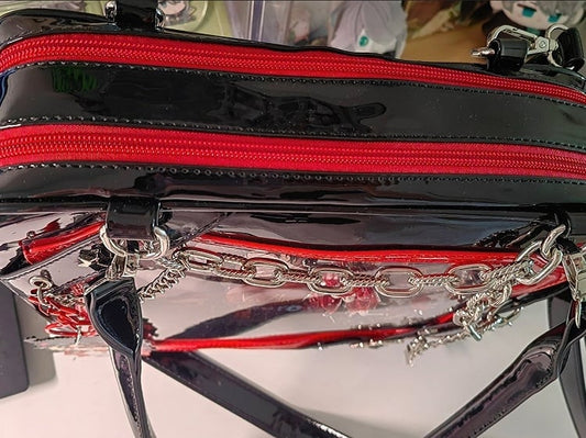 Black & Red Crisscross Strap Ita Shoulder Bag with Cross Charm Chain