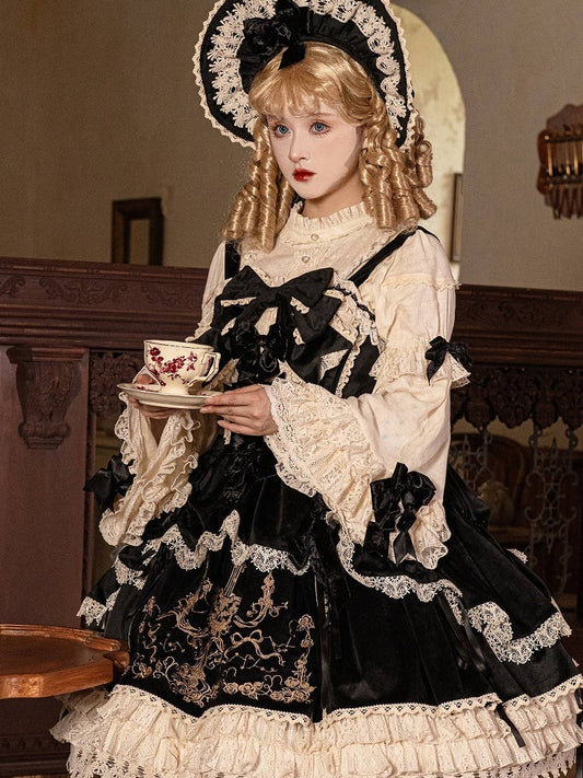 Black / Red / Pink / Gold Bows Decorated Beige Long Sleeves Blouse