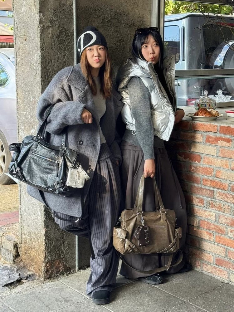 Black Studded Tote Bag With Buckle Strap Accents&Large Capacity