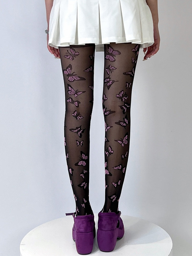 Black Y2K Butterfly Embroidered Tights