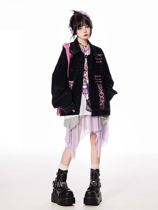 Pink Leopard Pattern Black Shirt Collar Faded Wash Vintage Denim Jacket