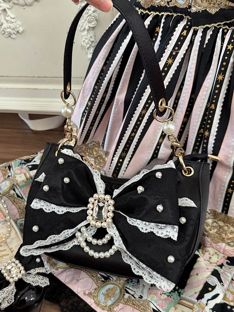Beads & Rhinestone Decor Bow Accent Satin Black Shoulder Bag in Sweet Lolita