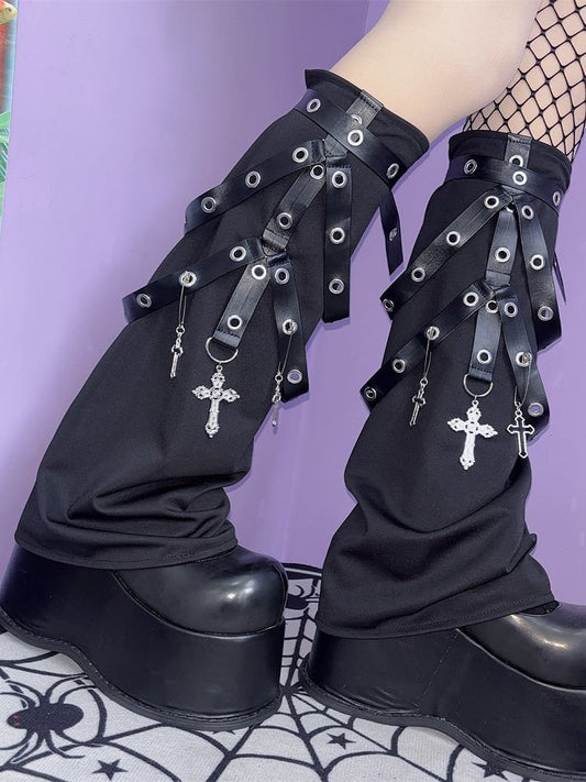 Black Y2K Punk Cut-out Design Ruffled Cuffs Over-knee Stockings + Leg Sleeves With Metal Buckle Straps And Cross Charms